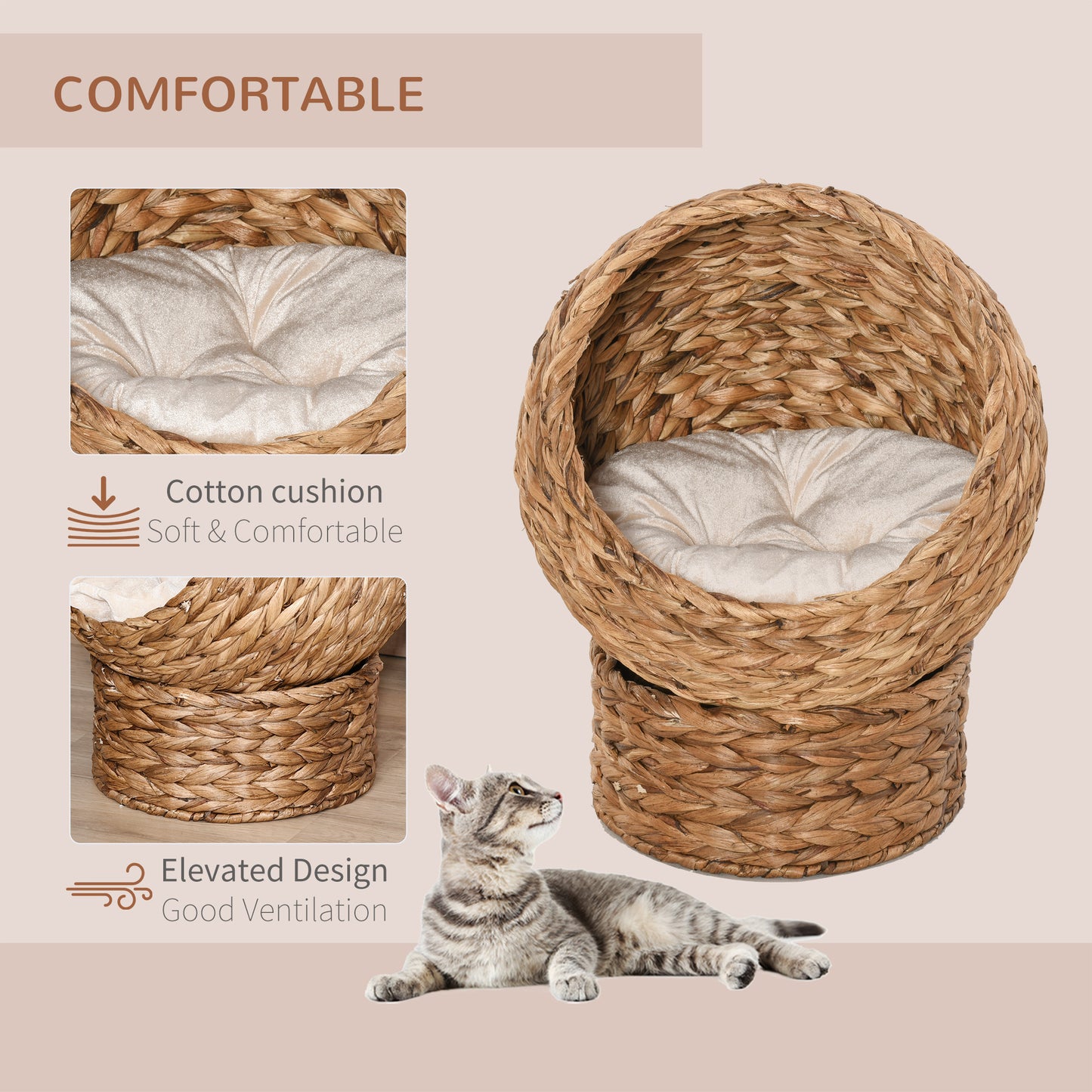 Handwoven Elevated Cat Bed with Soft Cushion & Egg Chair Shape, Basket Bed Kitty House with Stand