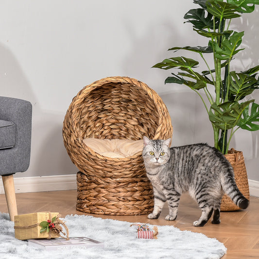 Handwoven Elevated Cat Bed with Soft Cushion & Egg Chair Shape, Basket Bed Kitty House with Stand