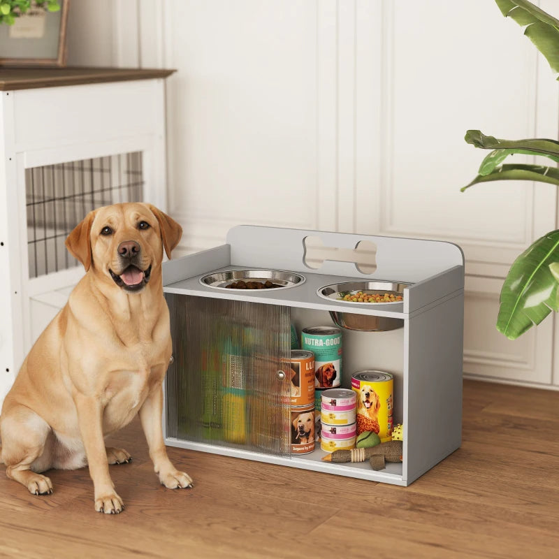 Elevated Dog Bowls With Storage, Raised Dog Bowl Stand With 2 Stainless Steel Bowl For Large Dogs, Gray