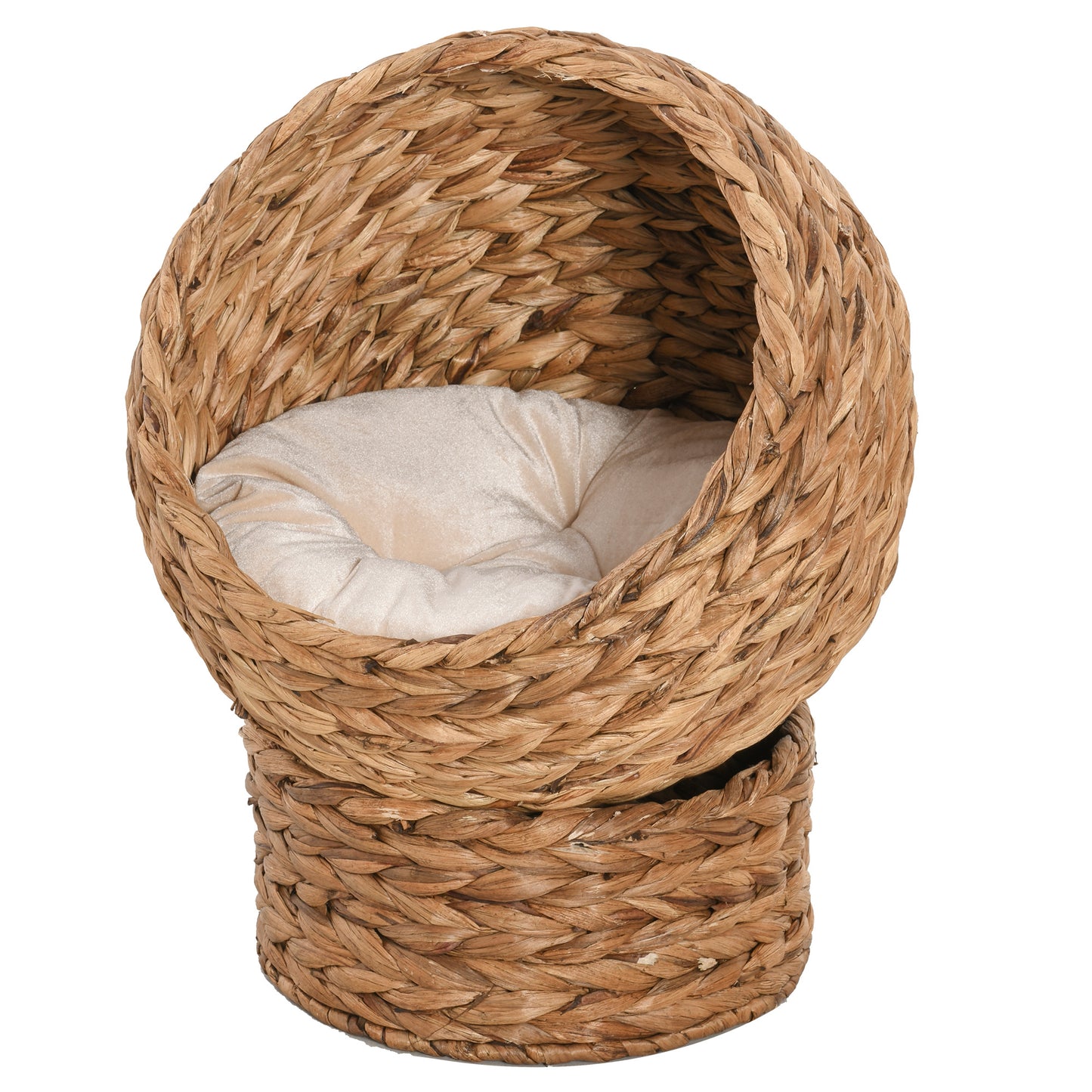 Handwoven Elevated Cat Bed with Soft Cushion & Egg Chair Shape, Basket Bed Kitty House with Stand