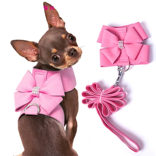 Harness with leash bow rhinestones for small pet dog