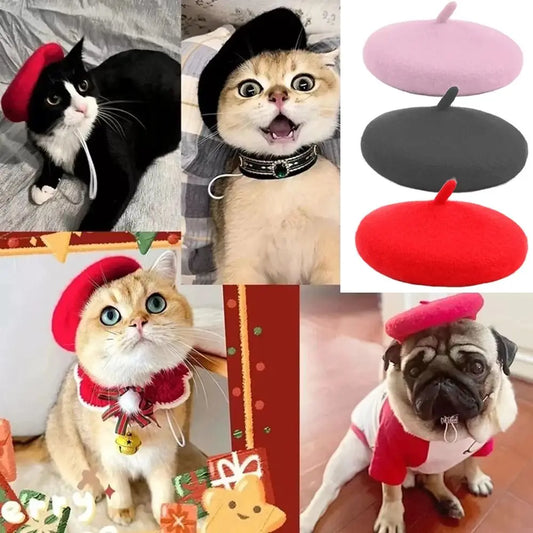 Pet Beret Hat: Cute Cat Headwear French Artist Beanie For Pets